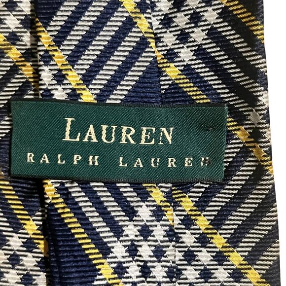 Lauren Ralph Lauren Navy & Yellow Plaid Silk Tie For Men - Picture 4 of 6
